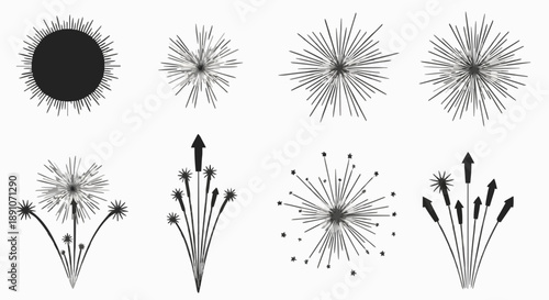 Collection of Eight Black Minimalist Fireworks Icons Featuring Explosive Bursts Dynamic Sparklers and Celebration Rocket Elements