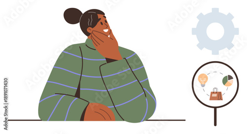 Decision-making, market research, consumer behavior, business strategy, problem-solving, innovation. A person pondering with icons analysis and insights. Decision-making and market research concept