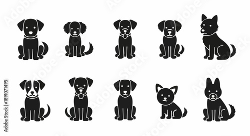 Collection of Ten Diverse Black Dog Silhouettes Representing Different Breeds and Sitting Poses for Pet Branding