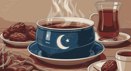 A warm, steaming beverage in a beautifully decorated blue bowl featuring a crescent moon and star, accompanied by sweet dates, creating a serene cultural moment.