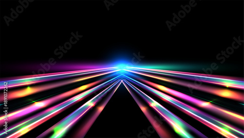 Futuristic neon light trails with motion blur converging toward horizon on black background for high speed technology and data transmission concept