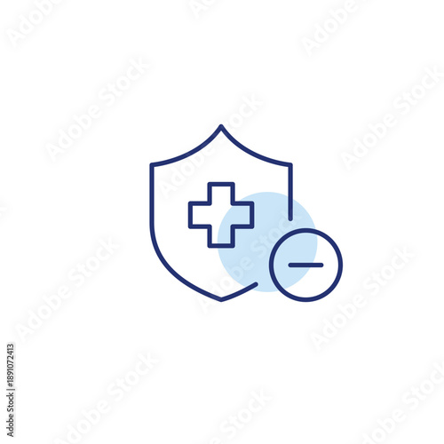 Health insurance shield and minus. Policy ended, protection not renewed. Pixel perfect, editable stroke vector icon