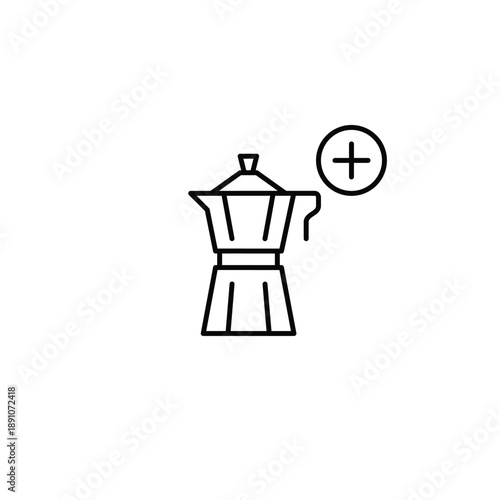 Moka coffee pot and plus symbol. Brewing new crafts. Pixel perfect, editable stroke vector icon