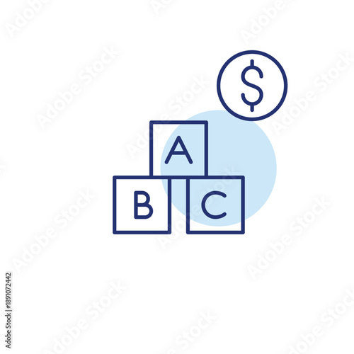 Alphabet blocks and dollar. Early education cost, toy expenses. Pixel perfect, editable stroke vector icon