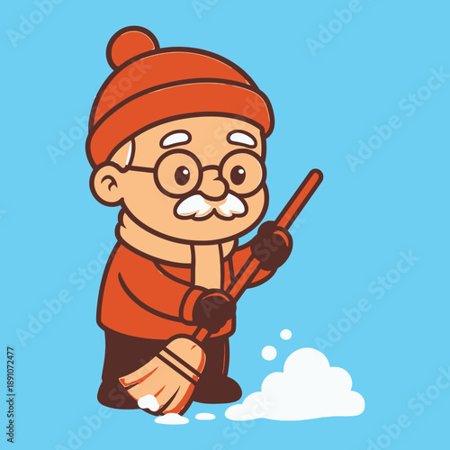 A cartoon illustration of an elderly man wearing glasses and a red winter hat, shoveling snow with a broom against a blue background, conveying a cold and wintry scene in a flat vector