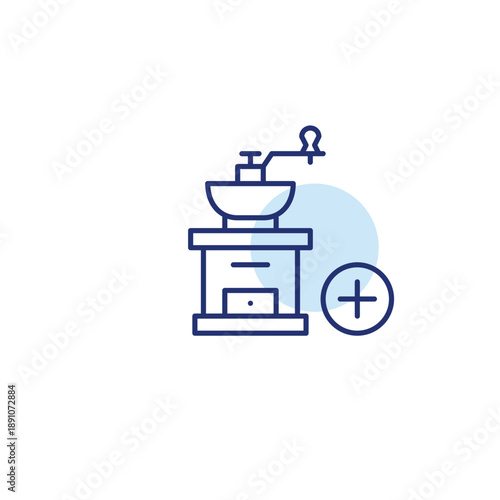 Coffee grinder and plus symbol. Adding options for barista and grain selling services. Pixel perfect, editable stroke vector icon