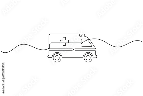 Ambulance continuous line art medical transport vehicle minimalist icon design.