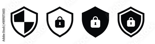 Set of security shield icons, security shields logotypes with check mark and padlock. Security shield symbols. Vector illustration.