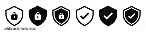 Set of security shield icons, security shields logotypes with check mark and padlock. Security shield symbols. Vector illustration.