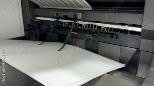 Close-up of printer heads in action. Detailed view of modern printer heads working on white paper. Printing process