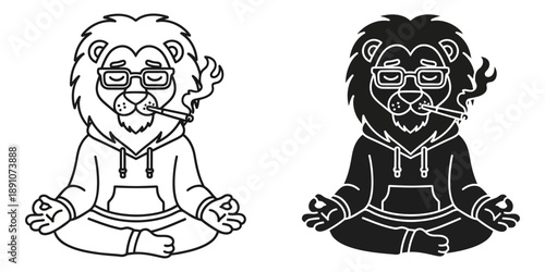 Cool lion in hoodie smoking and meditating in lotus position
