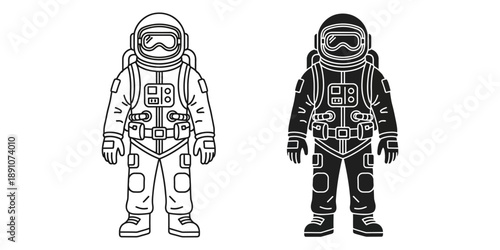 Astronauts in space suits standing side by side in black and white