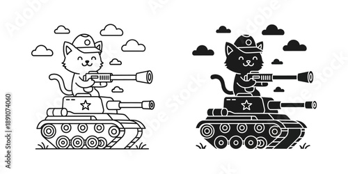 Cute cat in military tank with gun, playful and humorous illustration
