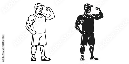 Strong man flexing bicep in sportswear illustration