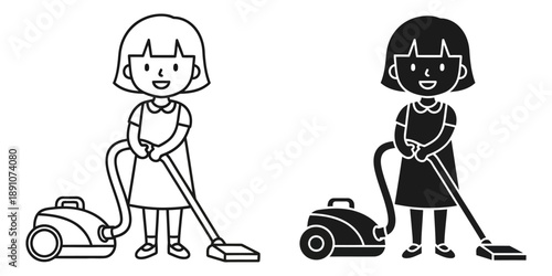 Cartoons of smiling girls using vacuum cleaners in black and white