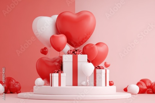 Display of white and red heart balloons with wrapped gifts on a pastel podium for a Valentine celebration