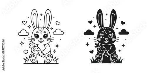 Cute bunny holding carrot in magical garden with hearts and stars