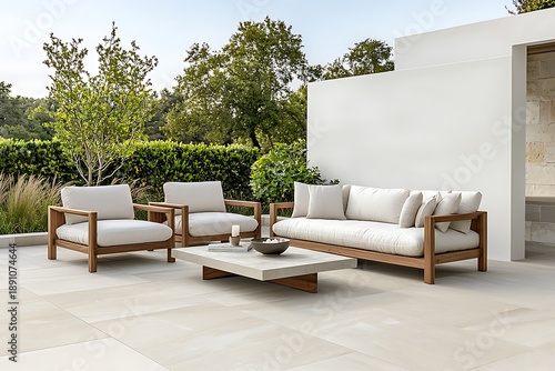 Modern Outdoor Lounge Area with Stylish Sofa and Armchairs Surrounded by Lush Greenery