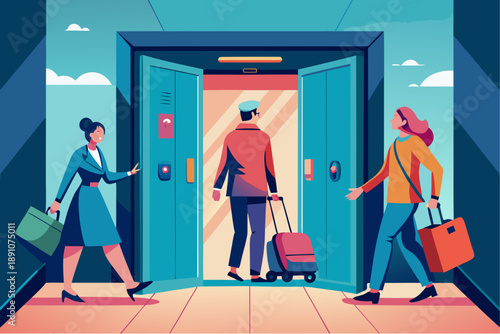 People with bags entering an elevator in a modern building interior