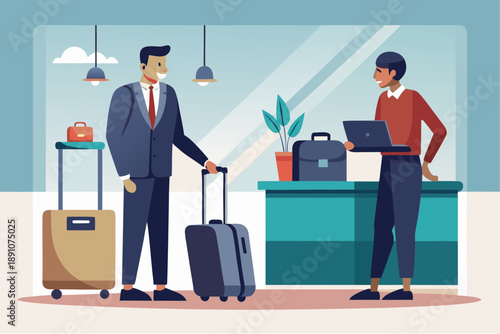 Business traveler talking to hotel receptionist during check-in with luggage