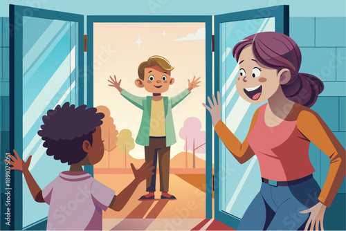 Happy boy arriving and being greeted at the door by excited family members