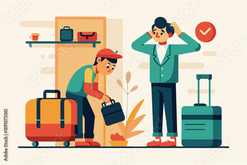 Boy hiding a black bag in a plant while another man looks stressed with travel luggage nearby