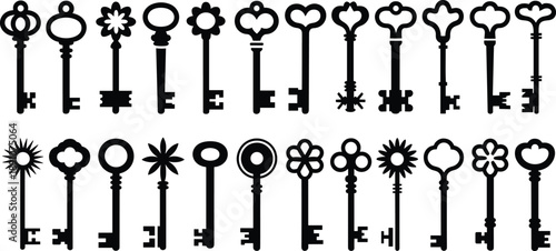 Decorative vintage keys silhouettes collection with heart flower shapes antique lock security vector illustration set isolated on white background