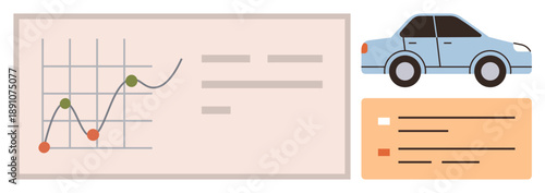 Automotive analytics, business growth, tracking data, vehicle trends, transportation insights, graphical analysis. Line chart with data points, a car graphic and a dashboard. Automotive analytics