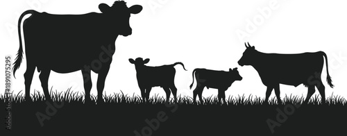 Cow and calf silhouette illustration, farm animals standing on grass, cattle family scene, rural agriculture vector, livestock nature design
