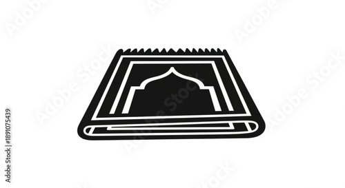 Black and white islamic prayer mat design with mosque arch rolled edges and decorative border on white background