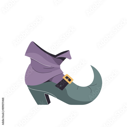 Witch's shoe with pointed toe and purple cuff on white background  