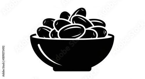 Black bowl filled with shiny olives on white background simple graphic illustration