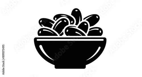 Black bowl filled with olives on white background simple illustration for food or cuisine concepts