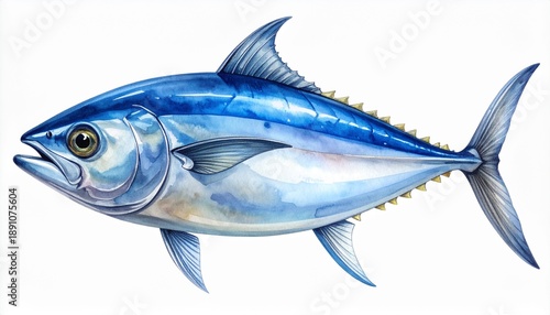 Highly detailed watercolor illustration of a powerful bluefin tuna, showcasing its vibrant blue hues and realistic scales on a clean white background