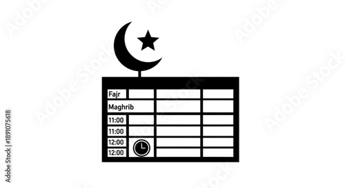 Ramadan prayer time table schedule with crescent moon and star symbol on white background