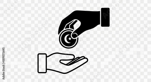 Hands exchanging coins symbolizing financial transaction exchange or donation on transparent background