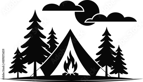 Camping tent silhouette illustration, outdoor forest campsite with campfire, pine trees, night clouds, adventure travel vector icon, design, minimal, black