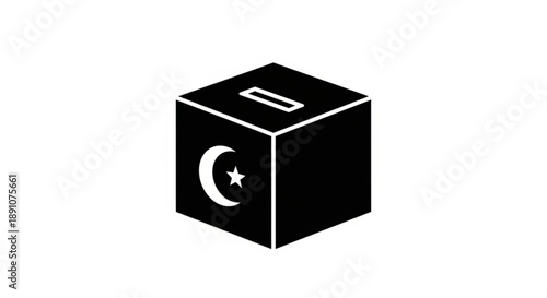 Black ballot box with white crescent moon and star symbol representing democracy election and islamic culture in a simple modern design