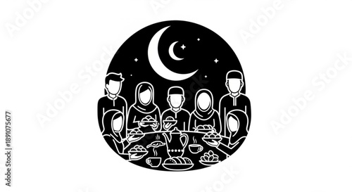 Family gathering for iftar meal at night with crescent moon