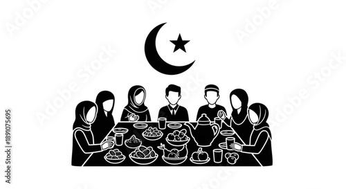 Islamic family gathering for iftar meal with traditional food and drinks during ramadan