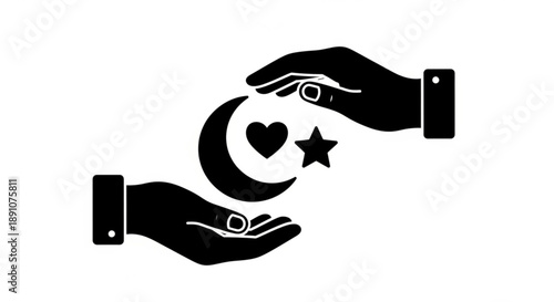 Hands holding crescent moon heart and star symbol representing love and care for ramadan or islamic charity