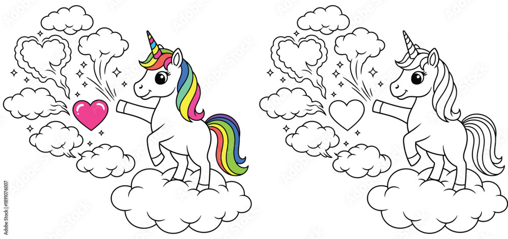 Fototapeta premium Adorable Magic Unicorn on Cloud with Hearts and Rainbow Mane Cartoon Illustration with Black and White Coloring Page Version