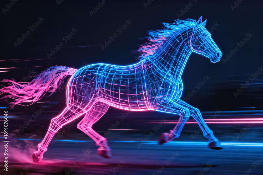 Fototapeta premium Neon Wireframe Horse Running with Motion Blur