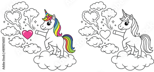 Adorable Magic Unicorn on Cloud with Hearts and Rainbow Mane Cartoon Illustration with Black and White Coloring Page Version
