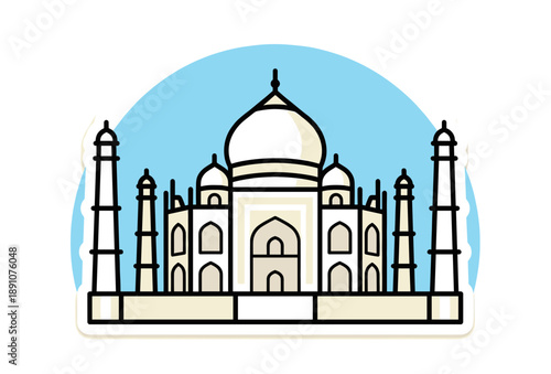 White Taj Mahal vector icon flat design illustration with blue sky background. White marble mausoleum architecture of Agra India. Historic world wonder symbol for travel sticker.