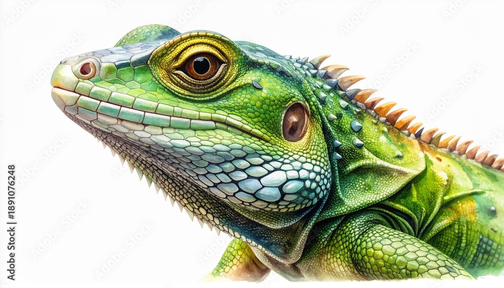 Fototapeta premium Vibrant Green Iguana with Detailed Scales and Smooth Gradient Hues, a Tropical Reptile Portrait against White
