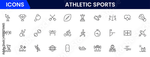 Athletic Sports Icons vector illustration with thin line contains a medal, football, basketball, cycling, athlete, racket, table tennis, sparing, cardio, gym, weight training, golf, volleyball