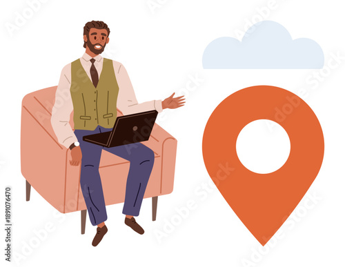 Remote work, location services, business travel, digital communication, navigation, work-life balance. A man sits with a laptop by a large location pin. Remote work and location services concept