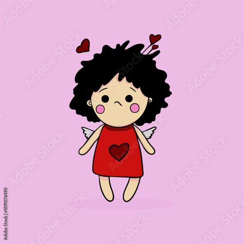 Vector color hand drawn illustration of little girl cupid in red dress with hearts