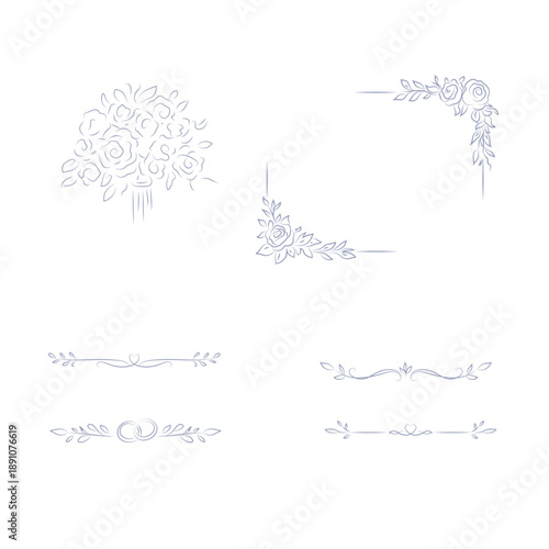 Minimalist floral wedding frame and border line art illustration set with elegant botanical ornaments. Ideal for wedding invitations, save-the-date cards, menus, and romantic stationery.
